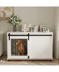 Aostirmotor Dog Crate with Metal Bars and Lockable Wheels in White