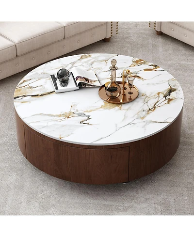 Streamdale Furniture Round Wood Coffee Table with Faux Marble Tabletop
