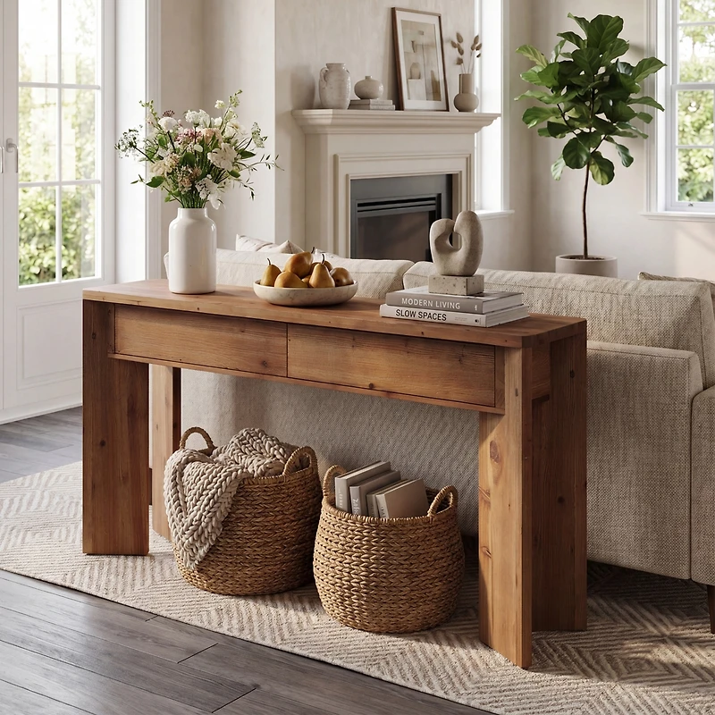 Tribesigns 63-Inch Solid Wood Console Table with 2 Drawers, Farmhouse Entryway Table, Narrow Sofa Table, Vanity Table