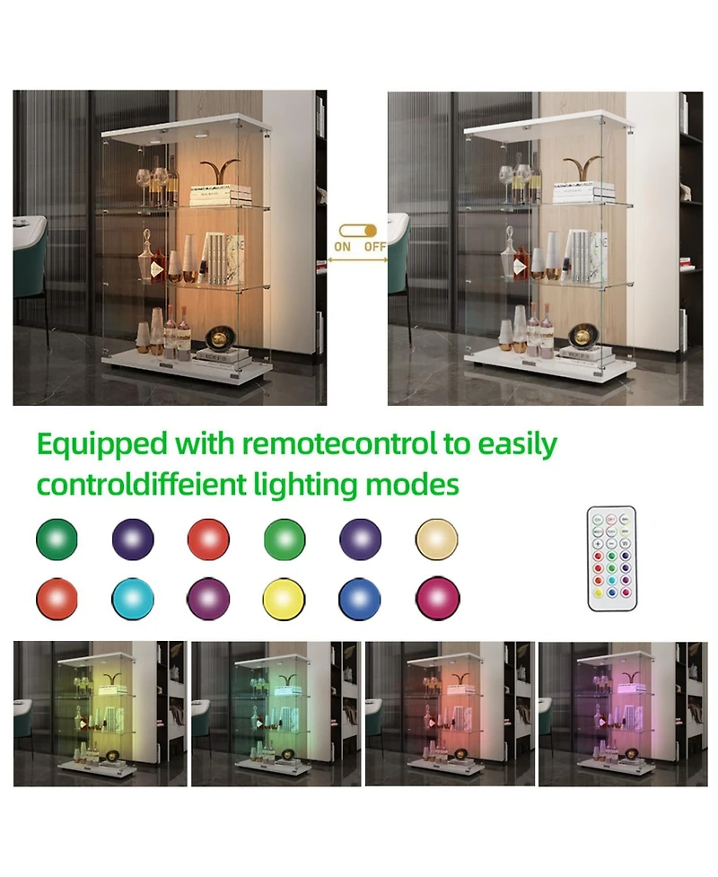 Streamdale Furniture Tempered Glass Display Cabinet w/ Light & Adjustable Feet - White