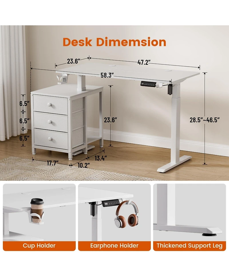 Homlux 47x24" Sit-Stand Desk Height Adjustable Computer Desk with 2 Hooks, Storage Drawers, Printer Cabinet, Brown