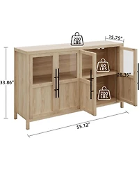 gaomon 55" Buffet Cabinet with 4 Glass Doors, Modern Farmhouse Sideboard with Storage, Beige