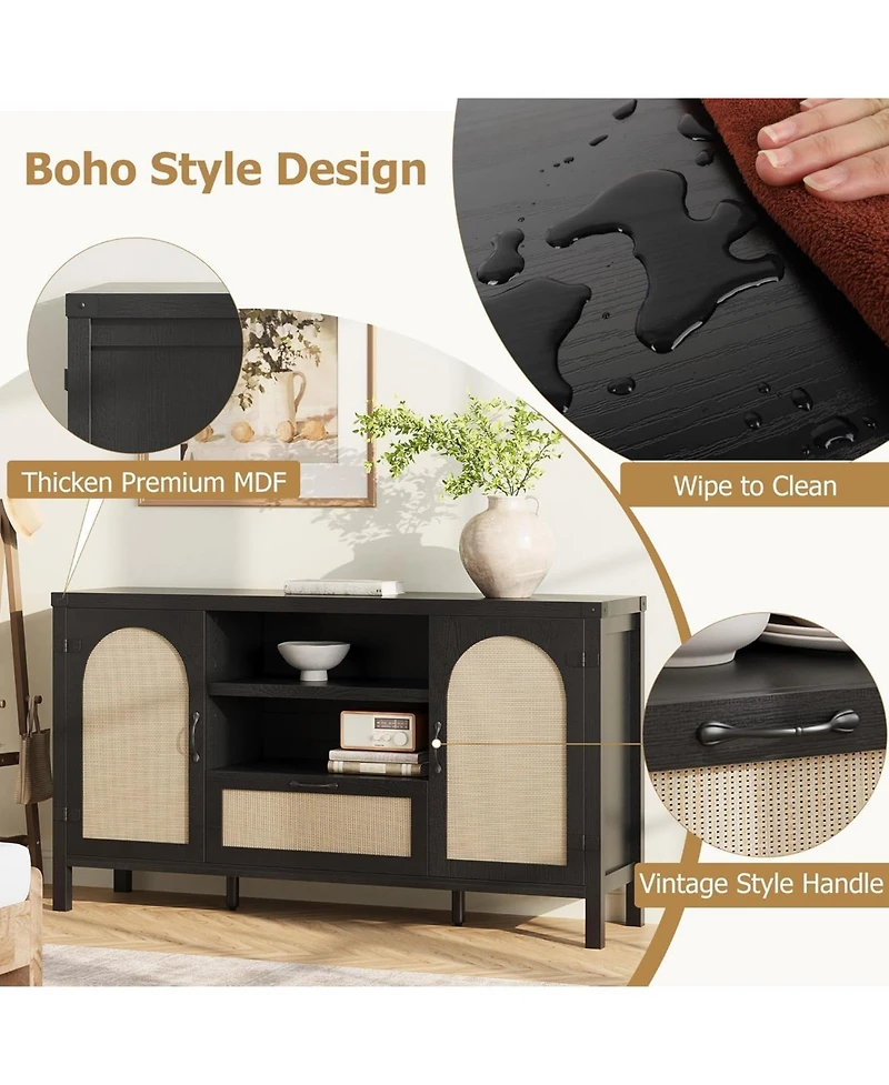 gaomon 59.1" Rattan Buffet Cabinet with Storage, Kitchen Coffee Bar with Doors and Drawer, Black