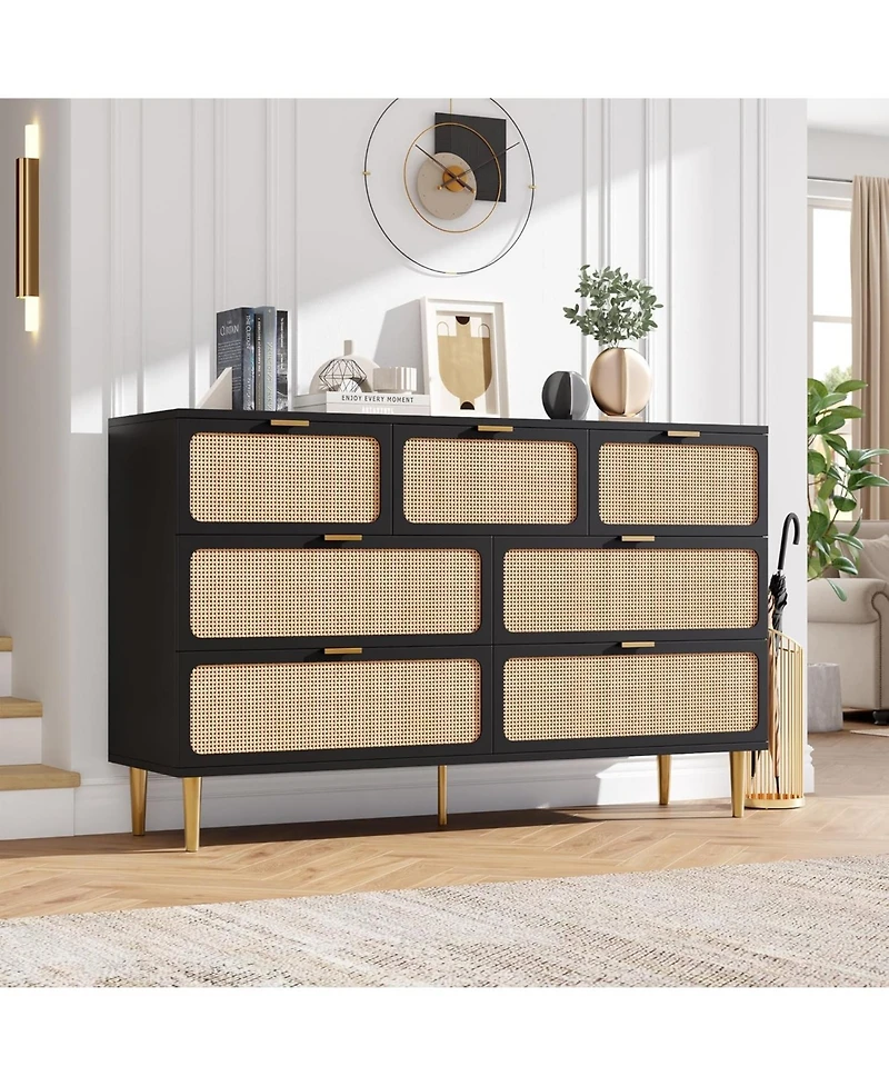 gaomon Rattan 7 Drawer Dresser for Bedroom, Tall Chest of Drawers with Deep Storage and Wide Top, Black