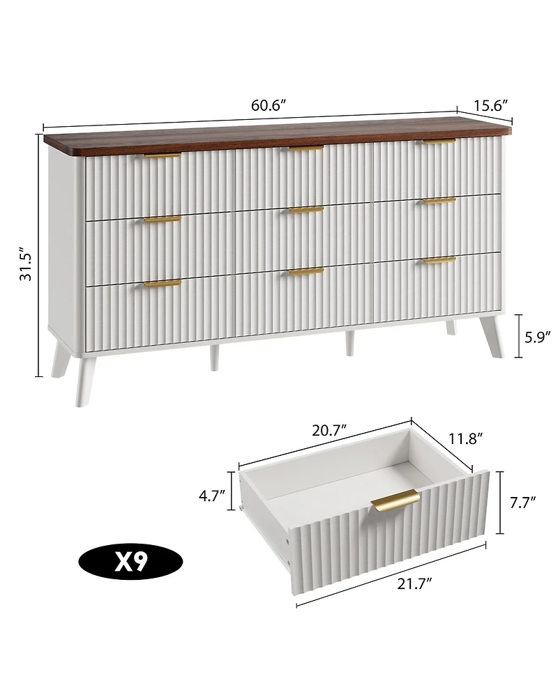 gaomon Fluted Dresser for Bedroom, 9 Deep Drawer Modern Wood Storage Chest