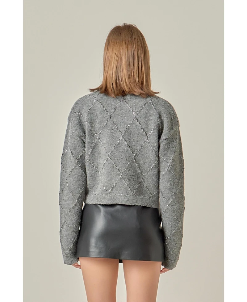 English Factory Women's Knit Cardigan Featuring a Lurex Argyle Pattern.