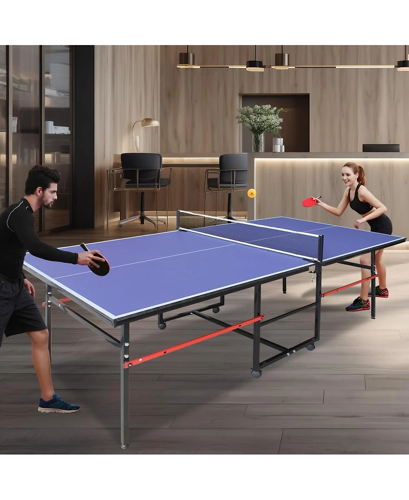 Baofuwish 8FT Indoor Table Tennis Table Set with Foldable Mdf Surface, Portable Black Ping Pong Table with Net, 2 Paddles and 3 Balls for Home Use