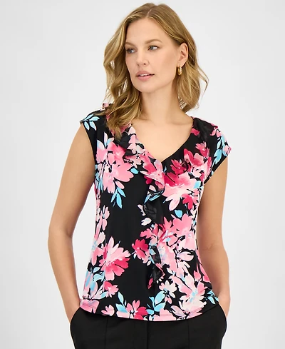 Kasper Women's Printed Ruffle-Trim V-Neck Top