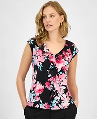 Kasper Women's Printed Ruffle-Trim V-Neck Top