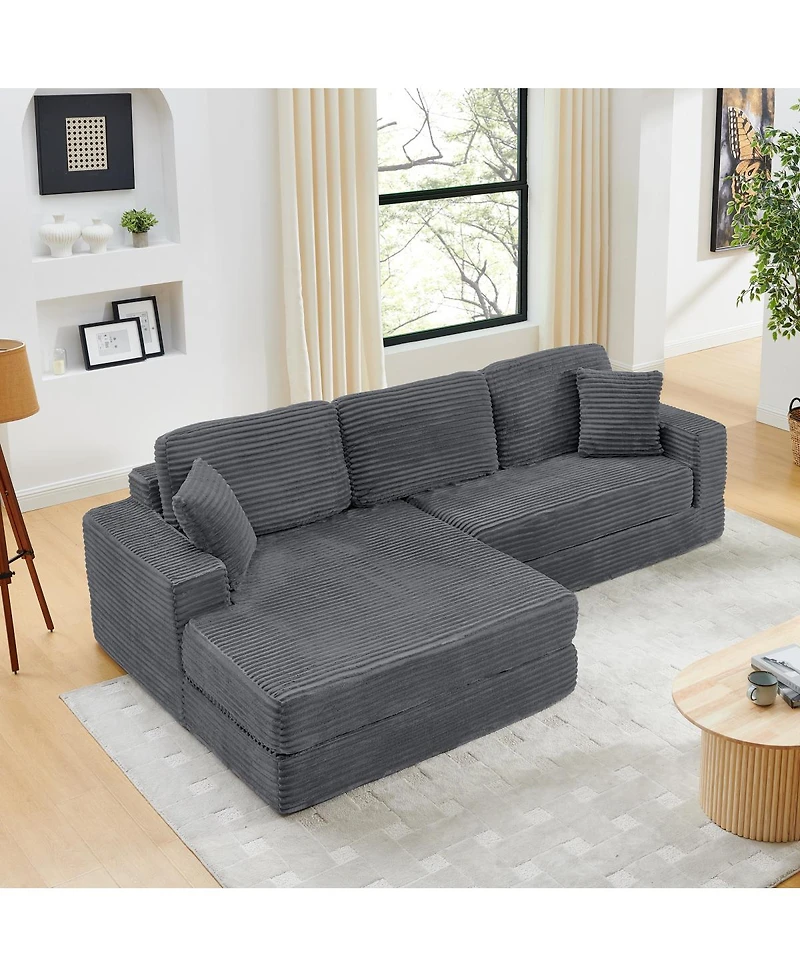 Streamdale Furniture Corduroy L-Shape Modular Sectional Sofa - Unfolds into a Bed
