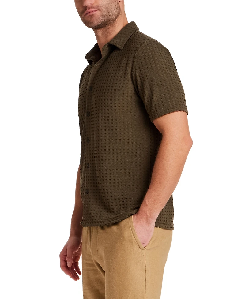 Vintage & Black Men's Short-Sleeve Textured Grid Coatfront Knitmen's Shirt