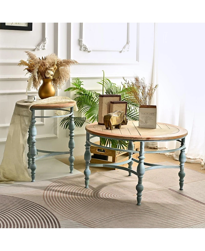 Streamdale Furniture Rustic Wooden Carved Coffee Table with Metal Legs