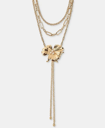 I.n.c. International Concepts Imitation Pearl Flower Layered Lariat Necklace, 16-1/2" + 3" extender, Macy's Exclusive