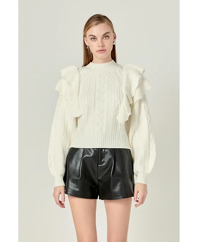 endless rose Women's Cable Knit Ruffled Sweater
