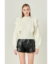 endless rose Women's Cable Knit Ruffled Sweater