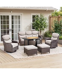 Gymojoy Crescent Brown Wicker Fire Pit Conversation Set with Olefin 6 In. Thick Cushions Patio Swivel Chairs (7-Piece)