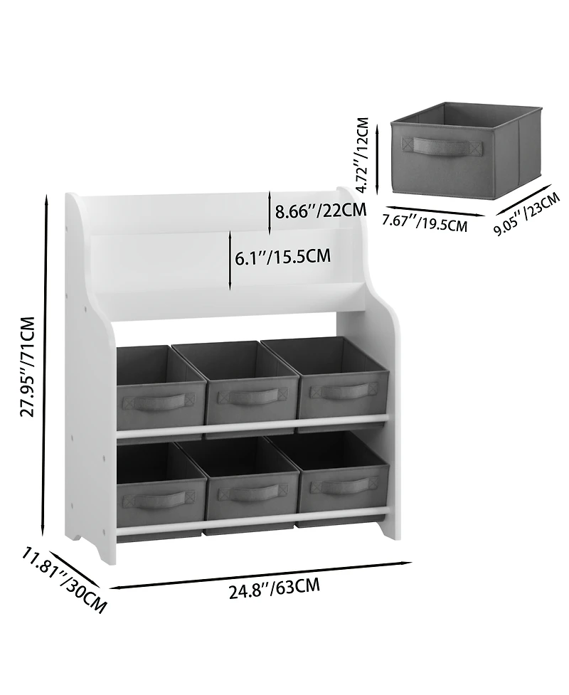 Streamdale Furniture Kids Bookshelf with 6 Fabric Bins, Multi-Functional Bookcase & Toy Organizer - White/Gray