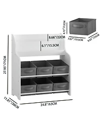 Streamdale Furniture Kids Bookshelf with 6 Fabric Bins, Multi-Functional Bookcase & Toy Organizer - White/Gray
