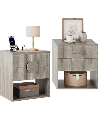 gaomon Nightstand Set of 2 with Charging Station, Fluted 2-Drawer End Tables with Open Storage for Bedroom, Grey