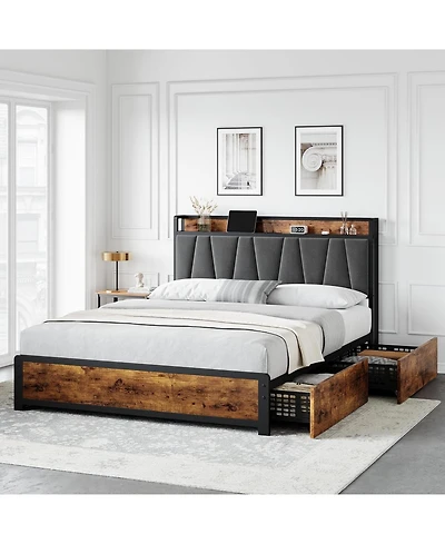 gaomon Bed Frame with Storage Linen Upholstered Headboard, 4 Drawers Platform Bed Frame with Charging Station