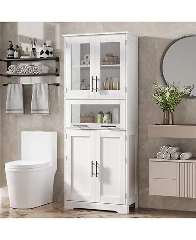 gaomon 67" Tall Bathroom Storage Cabinet with Glass Doors, Adjustable Shelf & Drawer for Small Spaces, White