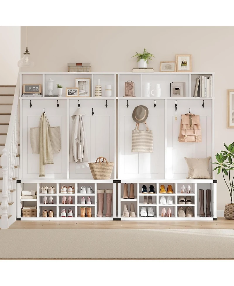 gaomon Hall Tree with Bench and Shoe Storage, Tall Farmhouse Entryway Coat Rack with Adjustable Shelf, White
