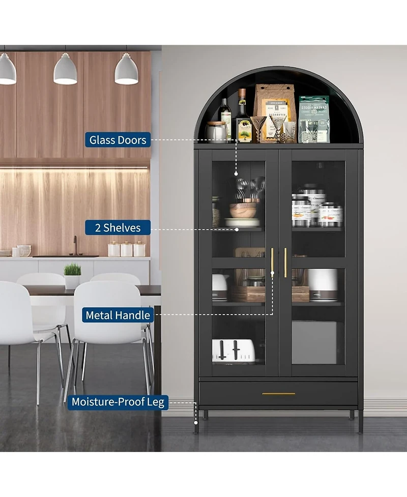 gaomon 73" Tall Metal Arched Cabinet, Modern Kitchen Pantry with Glass Door, Adjustable Shelves and Drawers, Black