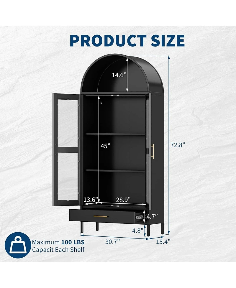 gaomon 73" Tall Metal Arched Cabinet, Modern Kitchen Pantry with Glass Door, Adjustable Shelves and Drawers, Black