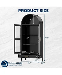 gaomon 73" Tall Metal Arched Cabinet, Modern Kitchen Pantry with Glass Door, Adjustable Shelves and Drawers, Black