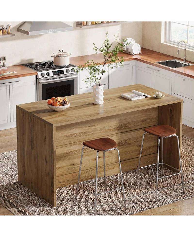Tribesigns 59-Inch Kitchen Island with Storage, 3-Tier Farmhouse Stationary Island Table with Large Worktop & Seating Area, Breakfast Counter