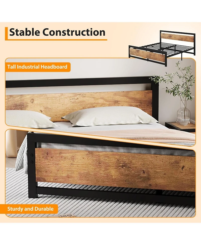gaomon 14 Inch Heavy Duty Industrial Metal Platform Bed Frame with Wooden Headboard