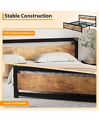 gaomon 14 Inch Heavy Duty Industrial Metal Platform Bed Frame with Wooden Headboard