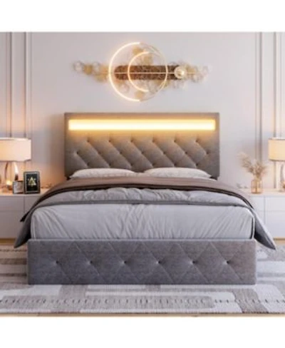 Gaomon Size Bed Frame With Rgb Led Lights Charging Station Upholstered Platform Bed With Adjustable Headboard Queen