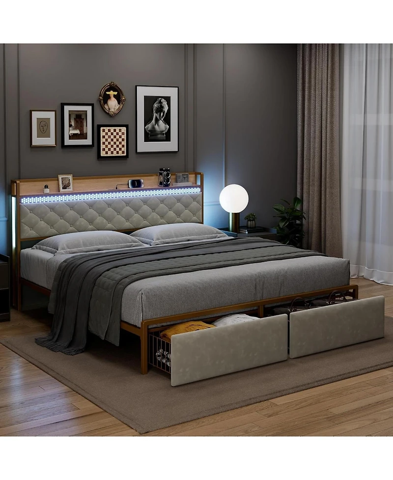 Gaomon Led Platform Bed Frame with Storage Drawers, Noise-Free Support with Wood Slats, Gold Metal Frame with Beige Fabric Fabric