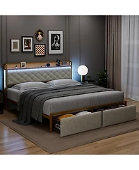 Gaomon Led Platform Bed Frame with Storage Drawers, Noise-Free Support with Wood Slats, Gold Metal Frame with Beige Fabric Fabric