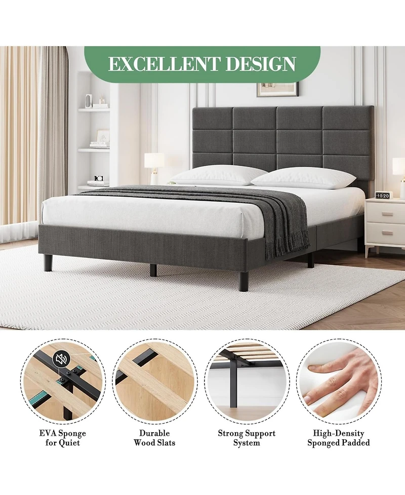 gaomon Upholstered Full Bed Frame with Adjustable Headboard, Linen Upholstered Platform Bed, No Box Spring Needed, 700Lbs Strong Metal Support