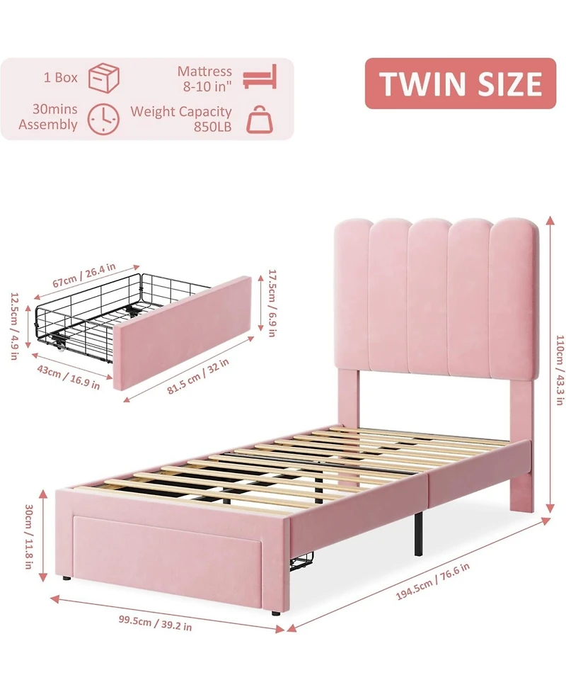 gaomon Twin Bed Frame with Drawer, Velvet Upholstered Platform Bed with Wave Headboard for Kids/Girls, Wooden Slats Support, No Box Spring Needed