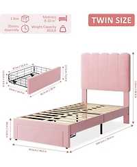 gaomon Twin Bed Frame with Drawer, Velvet Upholstered Platform Bed with Wave Headboard for Kids/Girls, Wooden Slats Support, No Box Spring Needed