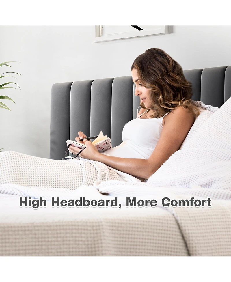 gaomon Bed Frame with Headboard, Velvet Upholstered Platform Adjustable Headboard and Wooden Slats Support, Dark Grey