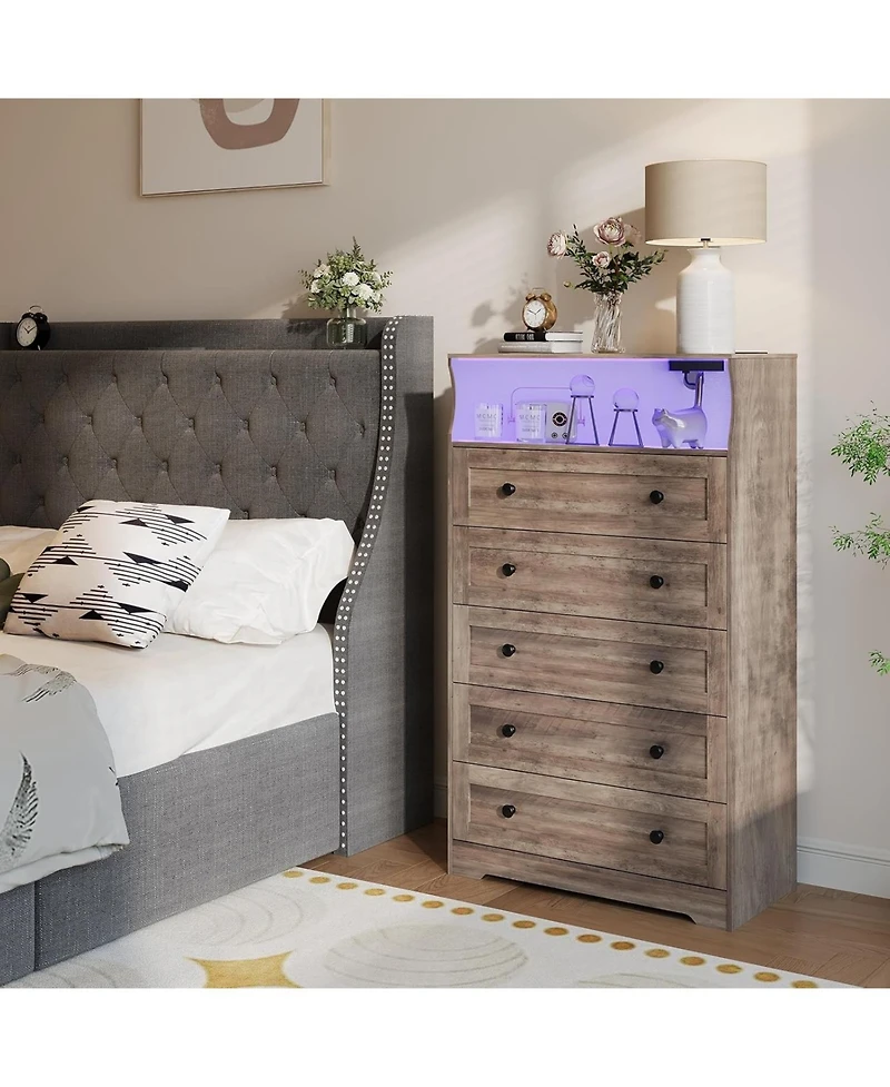 gaomon -Drawer Wooden Dresser with Led Lights & Charging Station