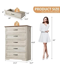gaomon 5-Drawer Tall Dresser for Bedroom, Farmhouse Wooden Chest with Wide Metal Handles, Storage Organizer