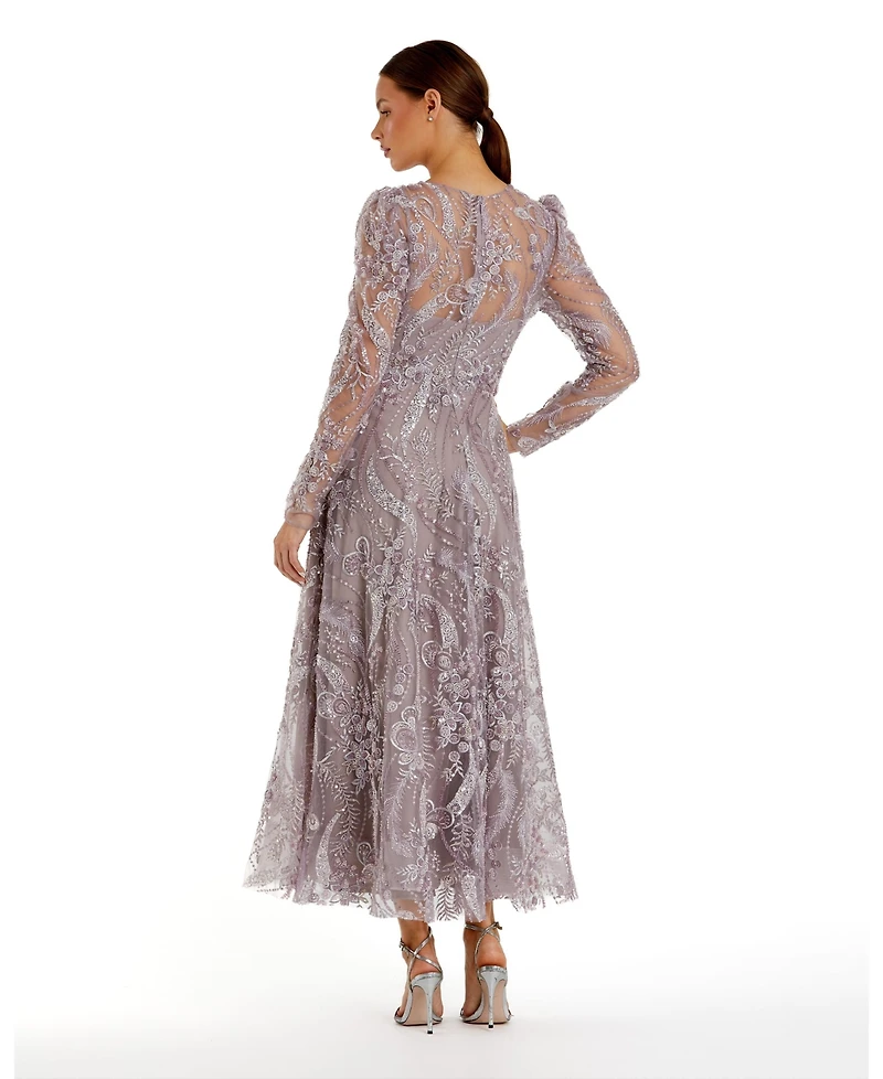 Mac Duggal Women's Floral Embroidered High Neck Long Sleeve Dress