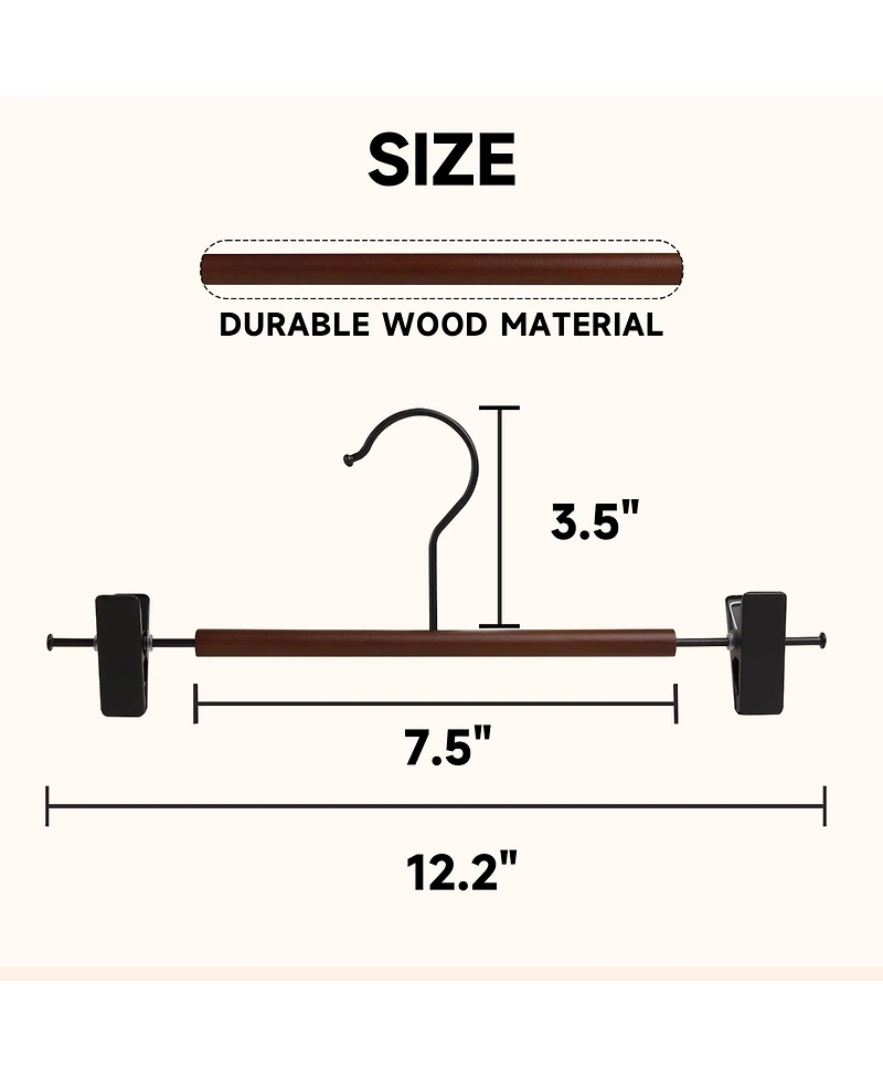 BP4U 12-Pack Metal Pants Hangers with Adjustable Clips, Premium Beech Wood Skirt Bottom for Trousers, Jeans, Shorts, Socks