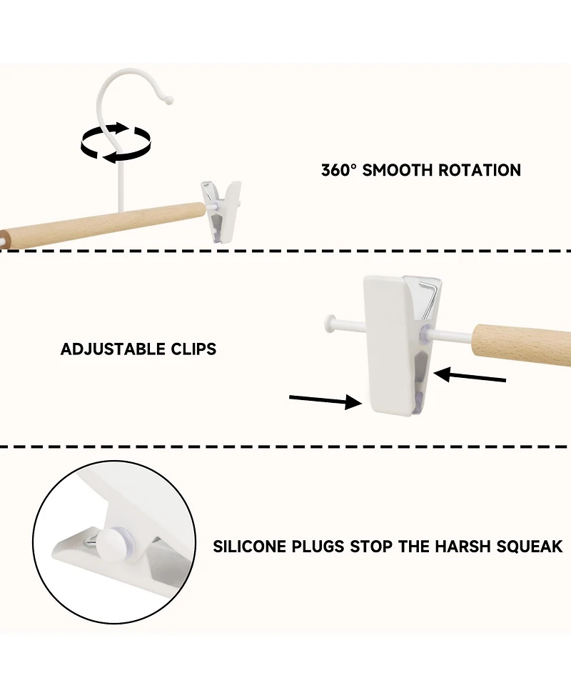 BP4U 12-Pack Metal Pants Hangers with Adjustable Clips, Premium Beech Wood Skirt Bottom for Trousers, Jeans, Shorts, Socks