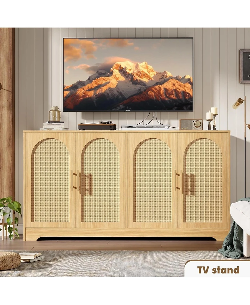 gaomon 59" Sideboard Buffet Cabinet with 4 Rattan Doors, Modern Credenza Coffee Bar for Living Room, Beige