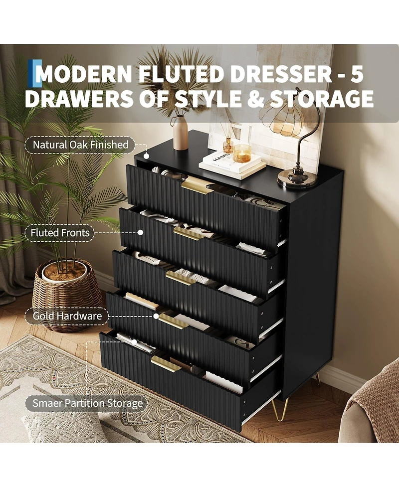 gaomon Fluted 5-Drawer Dresser for Bedroom, 32" Wide Modern Wooden Chest of Drawers