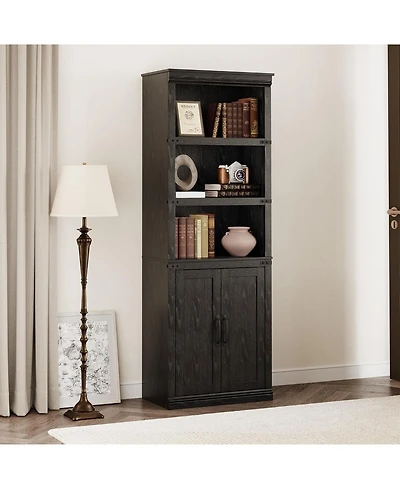 gaomon Farmhouse Bookcase with Doors, 5-Tier 70" Tall Bookshelf with Storage Cabinet for Living Room