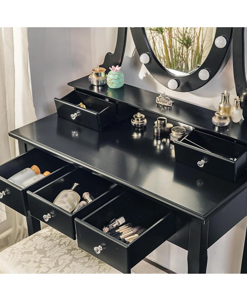gaomon Vanity Desk with Mirror and Lights, Wood Makeup Dressing Table with Stool and 5 Drawers, Black