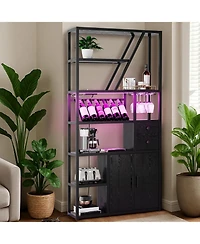 gaomon Bar Cabinet with Led Lights, Tall Coffee Bar Station with Power Outlets and Storage Rack