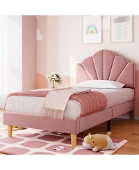gaomon Twin Bed Frame with Shell Headboard, Velvet Upholstered Bed Frame with Adjustable Headboard, Girl Platform Strong Wood Slat Support